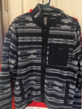 Striped Navy and Gray Fleece Zip Jacket